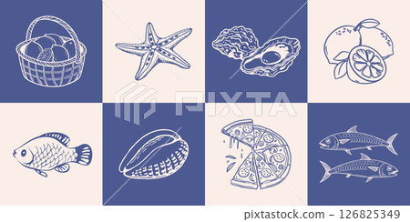Collection of hand drawn posters with Italian food and summer elements. Seafood, fish, pizza, lemons. Mediterranean set. Sketch illustration. Collection of hand drawn posters with Italian food and summer elements. Seafood, fish, pizza, lemons. Mediterranean set. Sketch illustration. 126825349