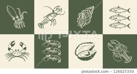 Collection of hand drawn posters with Italian food and summer elements. Oysters, seafood, fish, lobster. Mediterranean set. Sketch illustration. Collection of hand drawn posters with Italian food and summer elements. Oysters, seafood, fish, lobster. Mediterranean set. Sketch illustration. 126825350
