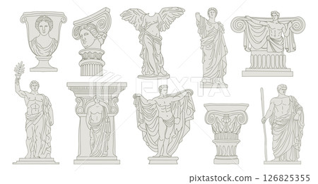 Collection of Classical ancient Greek and Roman sculptures and architectural elements. Sketch outline illustration. 126825355