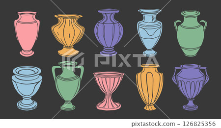 Collection of hand-drawn antique vases and amphoras. Illustration in pastel colors. 126825356