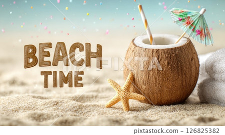 Beach Time with Coconut Drink and Starfish Beach Time with Coconut Drink and Starfish 126825382