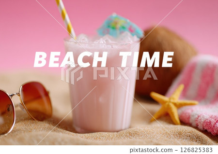 Refreshing Beach Drink with Pink Background Refreshing Beach Drink with Pink Background 126825383