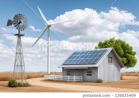 Sustainable Farm with Solar Panels and Wind Energy Sustainable Farm with Solar Panels and Wind Energy 126825409