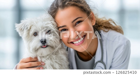 Young Female Veterinarian with Small White Dog 126825410