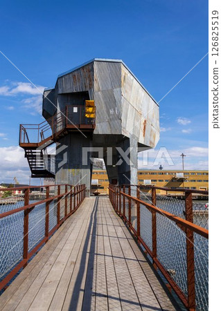 Sauna at Allmanna harbour bath with floating swimming pools in Frihamnen, Gothenburg, Sweden, sunny day 126825519