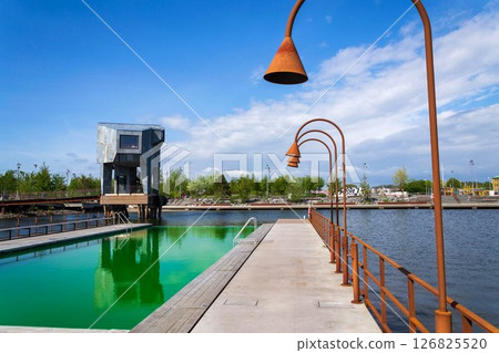 Sauna at Allmanna harbour bath with floating swimming pools in Frihamnen, Gothenburg, Sweden, sunny day 126825520