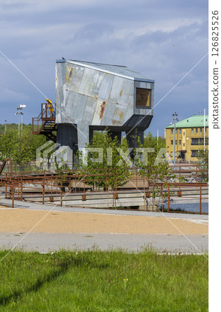 Sauna at Allmanna harbour bath with floating swimming pools in Frihamnen, Gothenburg, Sweden, sunny day Sauna at Allmanna harbour bath with floating swimming pools in Frihamnen, Gothenburg, Sweden, sunny day 126825526