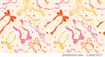 Ribbon bow seamless pattern with cute trendy knots. Vector vintage girly background for holidays and party decoration. Flirtatious pink satin hair accessories with confetti Ribbon bow seamless pattern with cute trendy knots. Vector vintage girly background for holidays and party decoration. Flirtatious pink satin hair accessories with confetti 126825527