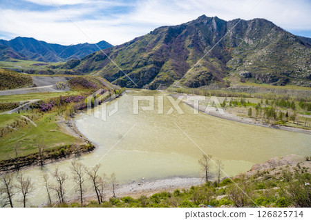 Confluence of Katun and Chuya rivers near Chuysky Trakt Altai Russia. Majestic meeting point of two Siberian mountain rivers Confluence of Katun and Chuya rivers near Chuysky Trakt Altai Russia. Majestic meeting point of two Siberian mountain rivers 126825714