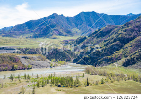 Confluence of Katun and Chuya rivers near Chuysky Trakt Altai Russia. Majestic meeting point of two Siberian mountain rivers Confluence of Katun and Chuya rivers near Chuysky Trakt Altai Russia. Majestic meeting point of two Siberian mountain rivers 126825724