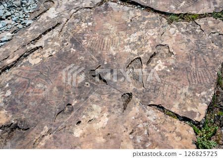 Petroglyphs at Kalbak-Tash rock art complex Altai Russia. Ancient carvings showcasing prehistoric cultural heritage. Petroglyphs at Kalbak-Tash rock art complex Altai Russia. Ancient carvings showcasing prehistoric cultural heritage. 126825725