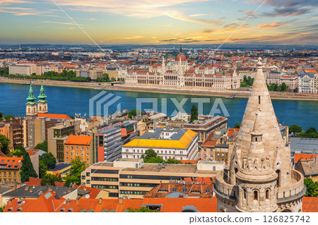 Panoramic view from above on landmarks of Budapest, Parliament building and the Danube river, Hungary 126825742