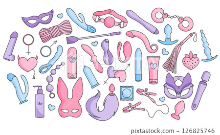 Big vector set of adult sex toys, accessories for bdsm sex games, linear pink, blue and violet icons, doodle and sketch style, hand drawing Big vector set of adult sex toys, accessories for bdsm sex games, linear pink, blue and violet icons, doodle and sketch style, hand drawing 126825746