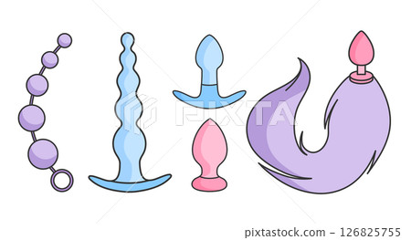 a set of types of butt plug, fox tail, beads, adult sex toy, accessories for anal sex games and bdsm, linear black and pink, blue, violet purple icons, doodle and sketch style, hand drawing 126825755