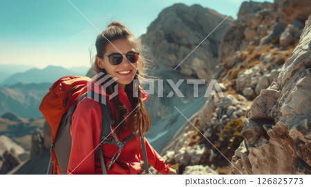 Happy woman traveler wearing sunglasses and red sports gear hiking mountain trail, mountain hiking, summer outdoor recreation and tourism 126825773