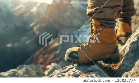 professional yellow trekking boots for mountain hiking, close-up legs, mountain landscape, bright sunny day 126825774