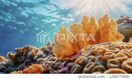 Golden Coral Reef in Sunlit Ocean Water 126825909