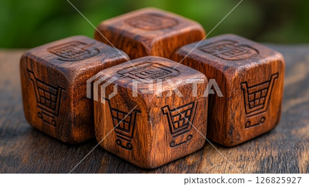 Four Dark Brown Wooden Shopping Cart Cubes on Wood Four Dark Brown Wooden Shopping Cart Cubes on Wood 126825927