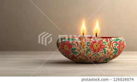 Floral Bowl with Two Lit Candles on Wooden Surface Floral Bowl with Two Lit Candles on Wooden Surface 126826074