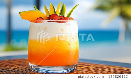 Layered Tropical Cocktail with Mango and Strawberry Garnish 126826112