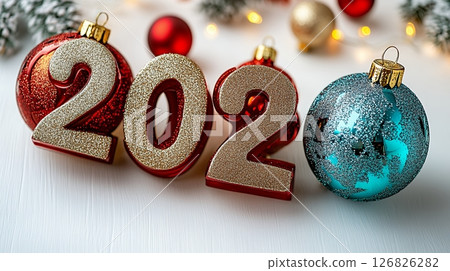 Festive 2026 New Year Celebration with Red and Blue Ornaments on White Surface 126826282