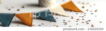 Festive Bunting with Teal Orange and Beige Triangular Flags on White Background 126826284