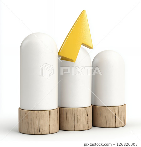 Financial Growth Displayed with Cylindrical Charts and Upward Yellow Arrow on White 126826305