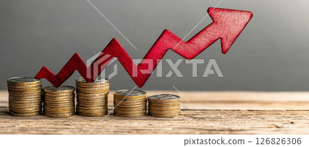 Financial Growth Red Arrow Ascending Above Gold Coins on Wood Financial Growth Red Arrow Ascending Above Gold Coins on Wood 126826306