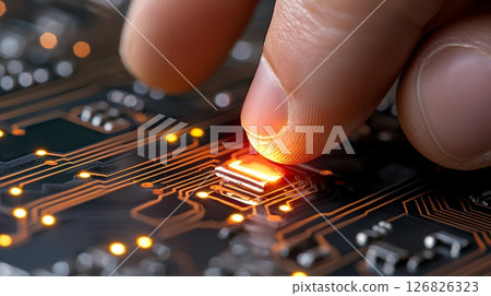 Fingertip Touching Glowing Orange Circuit Board Component 126826323