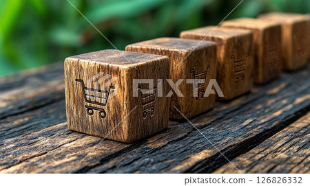 Five Etched Wooden Cubes on Rustic Wood Surface Five Etched Wooden Cubes on Rustic Wood Surface 126826332