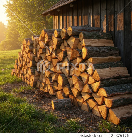 Stacked Firewood Against Rustic Barn at Sunrise 126826376