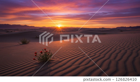 Vibrant Sunrise Over Textured Sand Dunes and Red Flowers 126826410