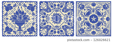 Italy summer bandana print set, Amalfi vector lemon hand drawn square tile, blue mediterranean stamp 126826621
