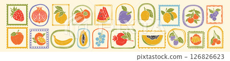 Summer fruit berry print, vintage hand drawn cartoon citrus illustration doodle charcoal texture set 126826623