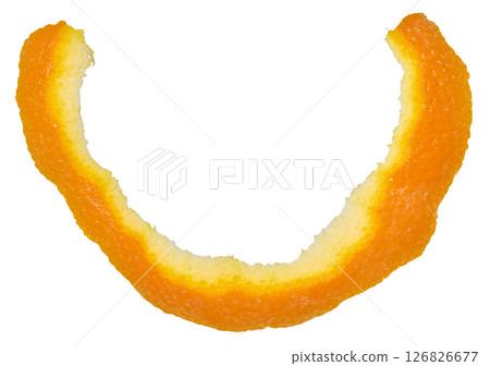 Close-up of a long strip of orange peel on a white background 126826677