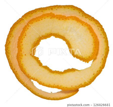 Twisted strip of orange peel on isolated background, top view Twisted strip of orange peel on isolated background, top view 126826681