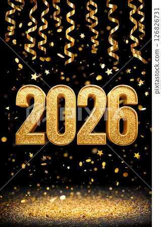 Bold Golden 2026 with Festive Ribbons and Falling Confetti 126826731