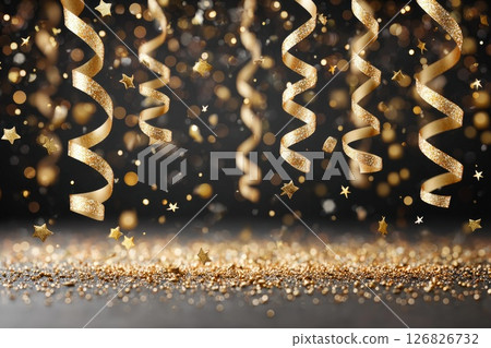 Gold Glitter Ribbons and Stars for Festive Background 126826732