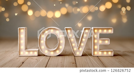 LOVE Letters with Glowing Bulbs and Bokeh Lights LOVE Letters with Glowing Bulbs and Bokeh Lights 126826752