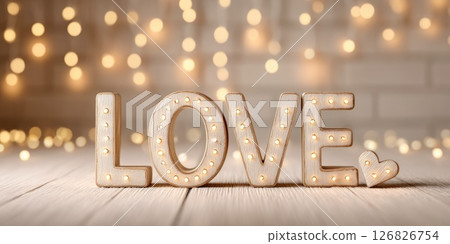 Romantic Wooden LOVE Sign with Lights and Bokeh Background Romantic Wooden LOVE Sign with Lights and Bokeh Background 126826754