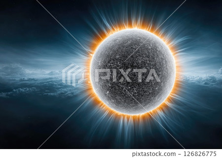 Dark Sun with Fiery Solar Flares in Space 126826775
