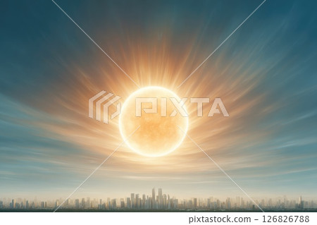 Glowing Sun Above Futuristic City at Dusk Glowing Sun Above Futuristic City at Dusk 126826788