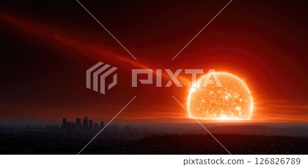 Red Sun Setting Over Night Cityscape Red Sun Setting Over Night Cityscape 126826789