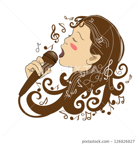 happy cute little kid girl sing a song. Logo of a children's vocal studio. hand drawn. Not AI, Vector illustration 126826827