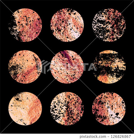 Grunge rose gold foil, shiny handmade circles. Golden glittering texture, pattern. Luxury shining hand drawn background. Wedding, greeting card decoration elements. Modern art. Vector illustration 126826867