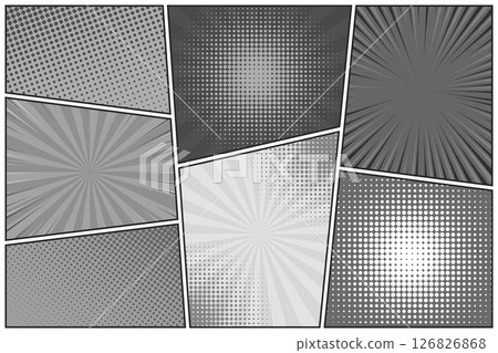 Comic book black and white radial lines collection. Cartoon comics background with motion, speed lines. Retro Pop Art style. Vector illustration Comic book black and white radial lines collection. Cartoon comics background with motion, speed lines. Retro Pop Art style. Vector illustration 126826868