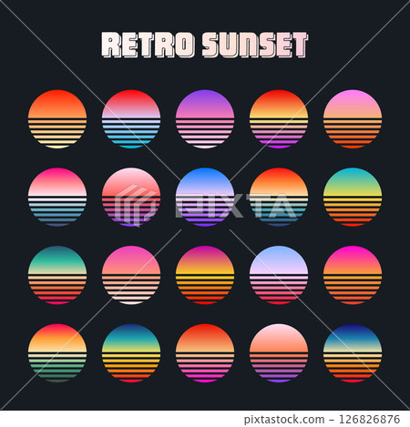 Vintage colorful sunset. Striped gradient sunrise badges in 80s and 90s style. Sun and ocean view, summer vibes, surfing. Design element for print, logo or t-shirt. Vector illustration 126826876