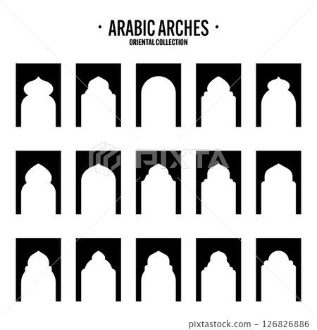 Islamic frames, oriental style objects. Arabic shapes, windows and arches. Traditional ornamental banner, frame. Muslim holidays, Ramadan Kareem. Modern eastern architecture. Vector illustration Islamic frames, oriental style objects. Arabic shapes, windows and arches. Traditional ornamental banner, frame. Muslim holidays, Ramadan Kareem. Modern eastern architecture. Vector illustration 126826886