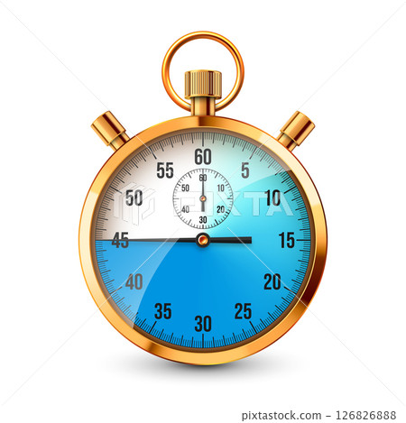 Realistic classic stopwatch. Shiny golden metal chronometer, time counter with dial. Blue countdown timer showing minutes and seconds. Time measurement for sport, start, finish. Vector illustration 126826888
