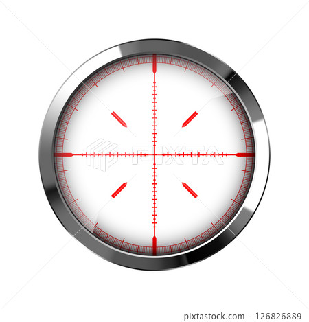 Chrome weapon sight, sniper rifle optical scope. Hunting gun viewfinder with crosshair. Aim, shooting mark symbol. Military target sign, silhouette. Game interface UI element. Vector illustration Chrome weapon sight, sniper rifle optical scope. Hunting gun viewfinder with crosshair. Aim, shooting mark symbol. Military target sign, silhouette. Game interface UI element. Vector illustration 126826889